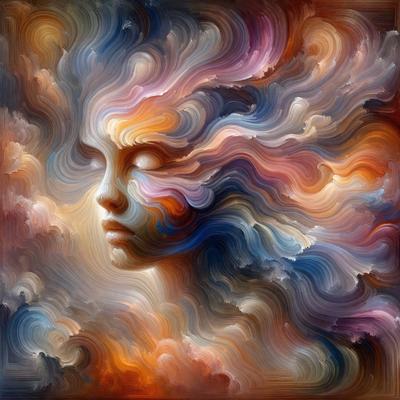 The primary subject of the image is a woman's face, which is the focal point of the artwork. The setting is a cloudy sky, with the woman's face surrounded by clouds. The visual style is a combination of digital art and illustration, creating a vibrant and dynamic scene. The colors and mood of the image are predominantly warm and inviting, with the woman's face being the central point of interest.